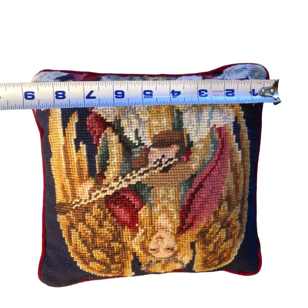 Needlepoint Holiday Christmas Angel Guitar Pillow 9” Square Blue Red Velvet Vtg
